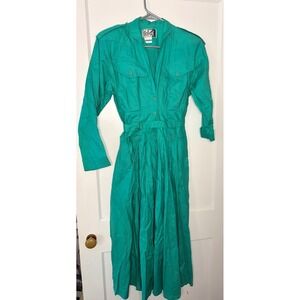 8 Foxy Lady San‎ Francisco Teal Green Utility Button Front Dress Belted Pleated